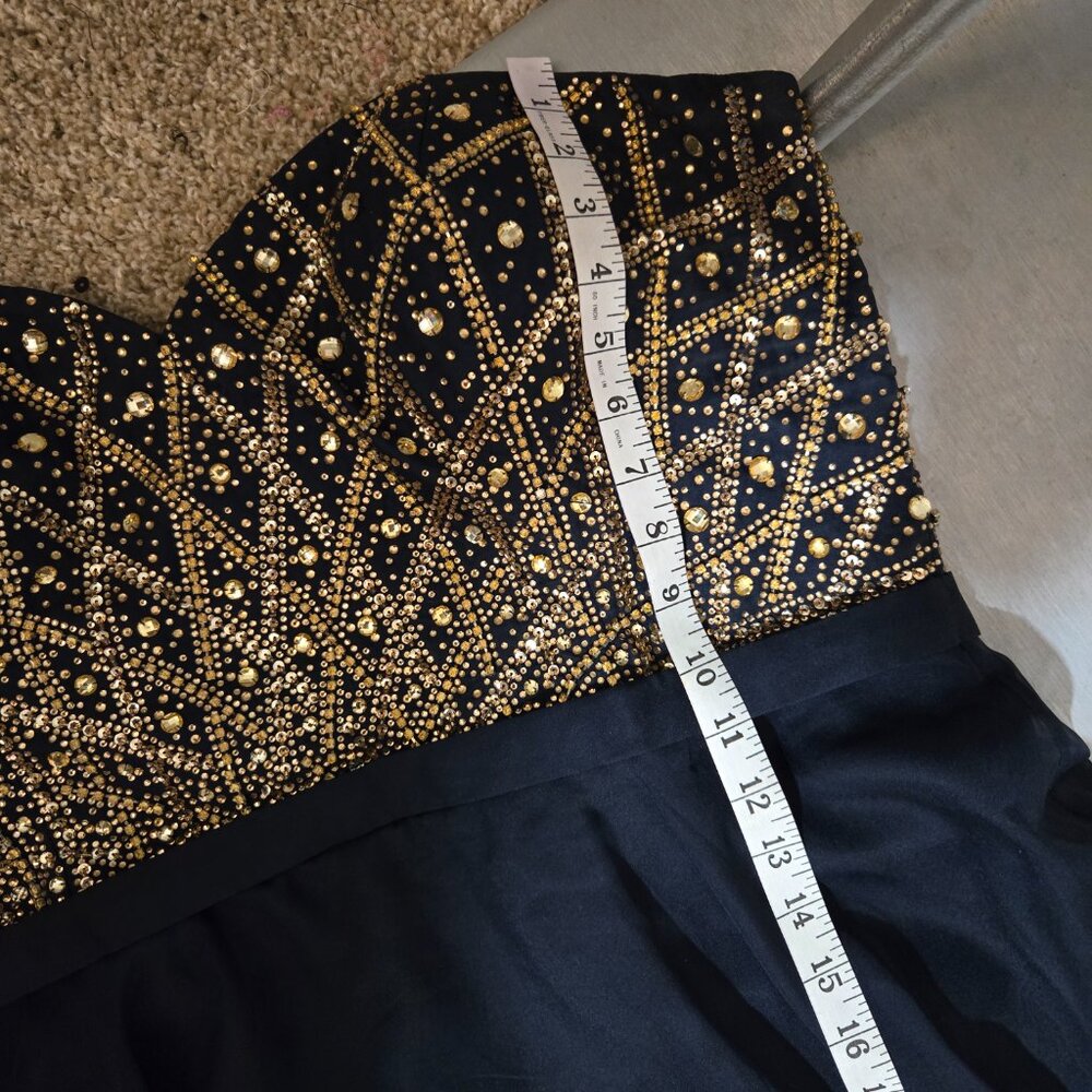 Sz 18 Alyce Paris 6573 Navy Chiffon Strapless Sweetheart Gown Gold Citrine Stone - Picture 12 of 12